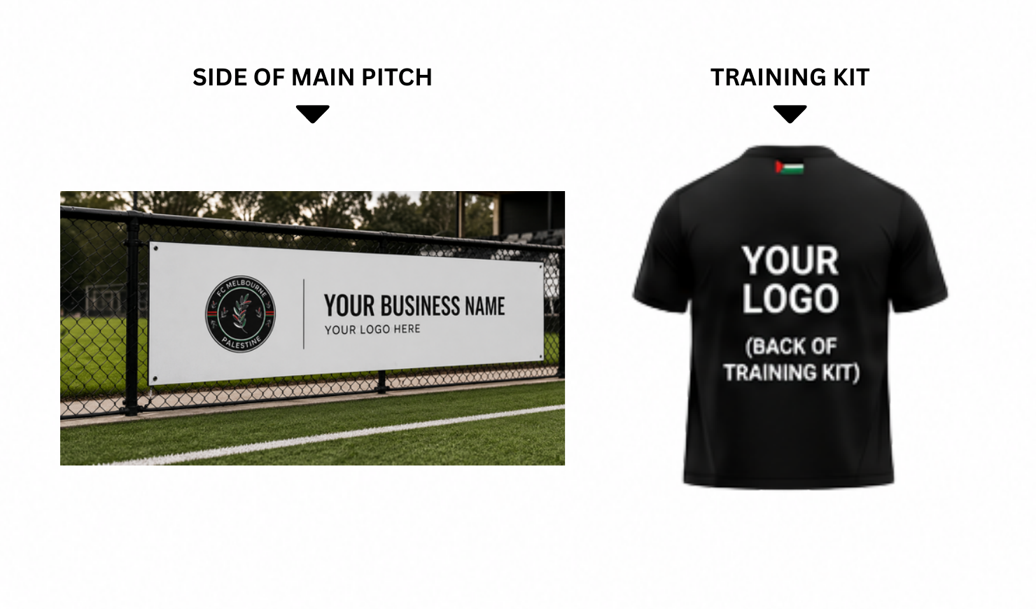 Pitch-side billboard and training kit mockups showing sponsor branding