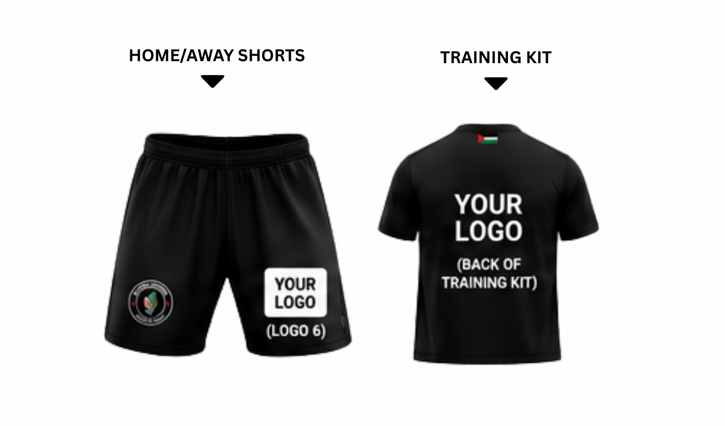 Shorts and training kit mockups showing sponsor logo placement